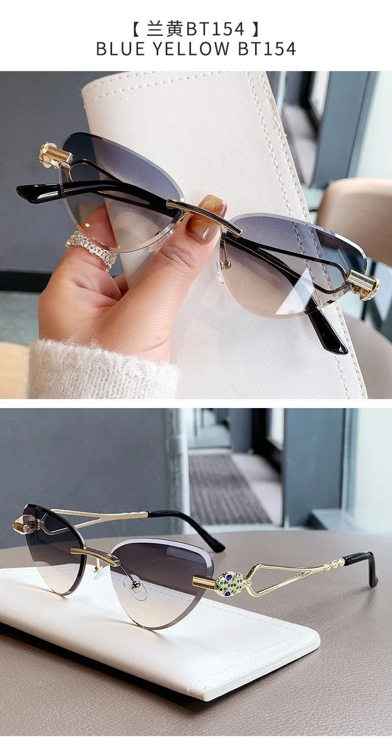 Rimless Cut Edge Cat Eye Sunglasses Gem Inlay Hollow Metal Temple UV400 Gradient Lens Shades for Women Daily Outdoor Sun Glasses