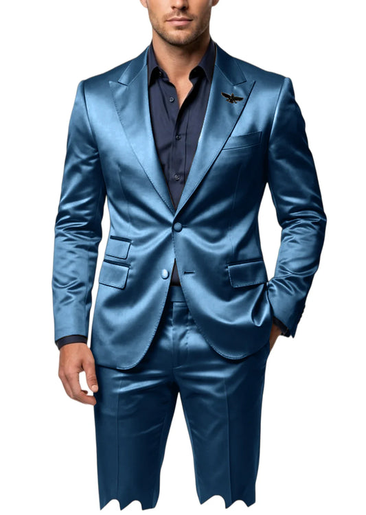Men's Satin 2-Piece Suit Set Slim Fit Peak Lapel Tuxedo Blazer With Straight Leg Pants For Wedding Party Formal Wear
