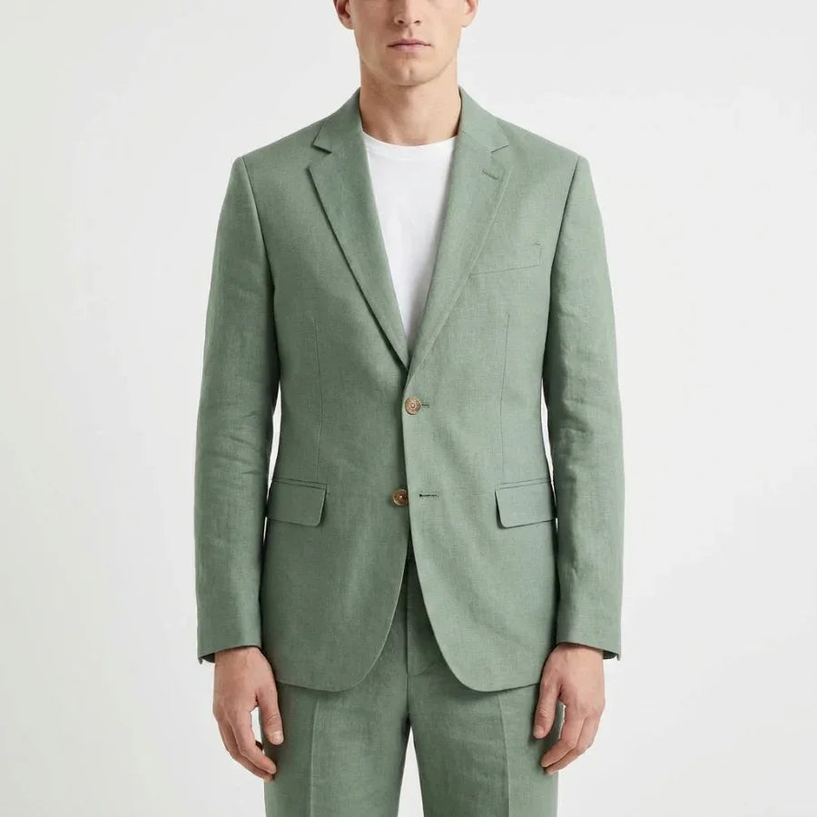 Sage Green Linen Men Suits for Prom Party 2 Pieces Slim Fit Wedding Suit Notched Lapel Jacket with Pants Summer Beach Set