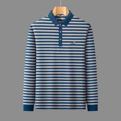 2025 new spring and autumn season new men's striped long sleeved T-shirt business casual lapel polo shirt base top