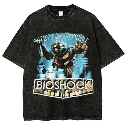 Classic Retro Shooting Game Bioshock Peripherals Graphic Print T-shirt Men Women New Harajuku Wind Tee Vintage Washed Cotton Top