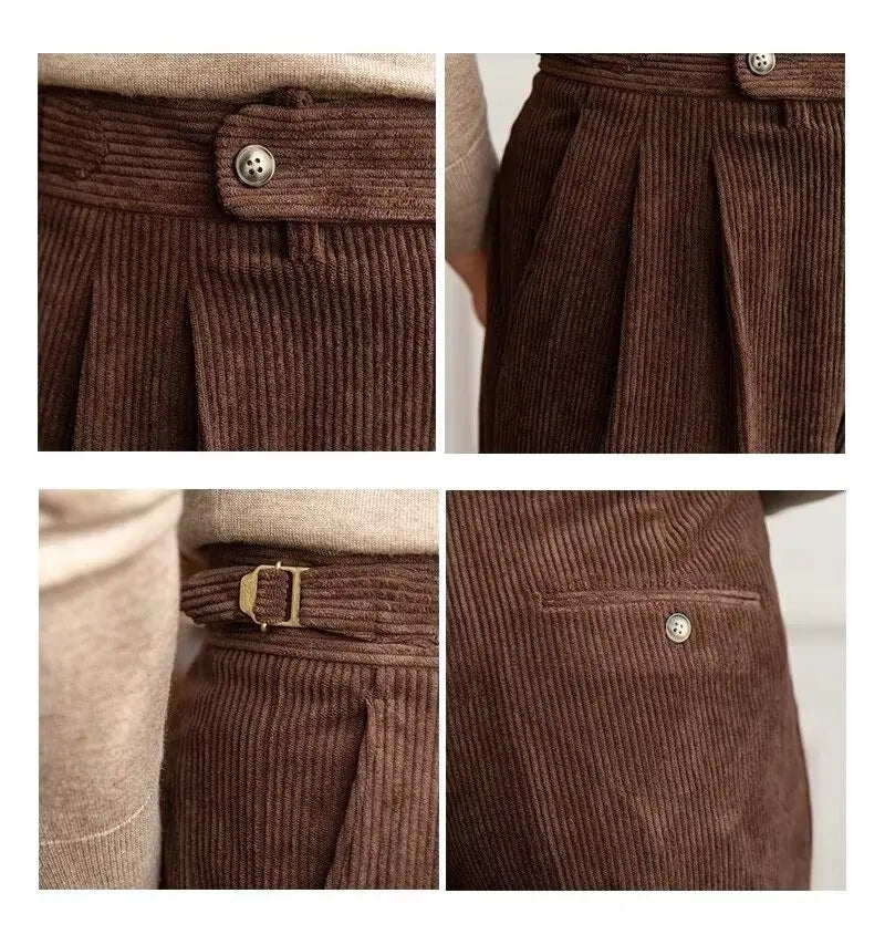 Classics Italian Naples Style Men's Suit Corduroy Pants Men High Waist Straight Work Formal British Business Brand Trousers Male