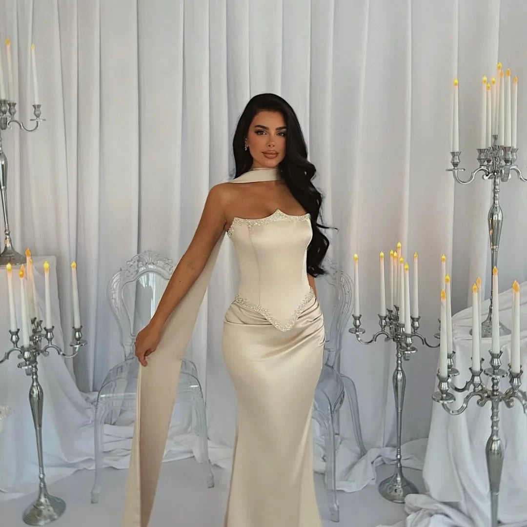 Customized White Long Silk Scarves Mermaid robes de soirée Strapless Backless Party Dresses Floor-Length Prom Dress 2025
