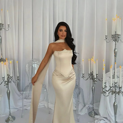 Customized White Long Silk Scarves Mermaid robes de soirée Strapless Backless Party Dresses Floor-Length Prom Dress 2025