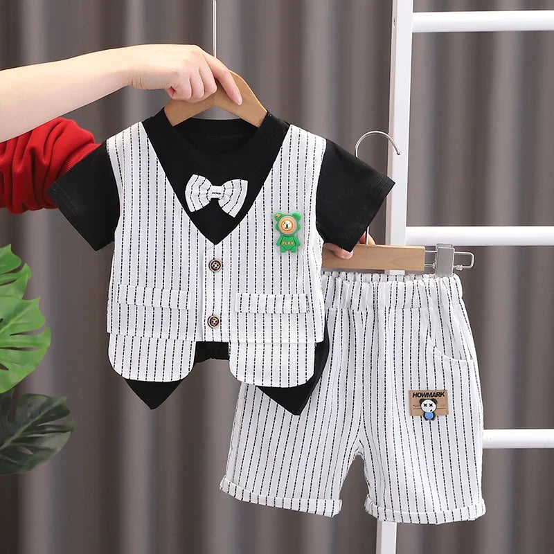 New Summer Kids Boys Clothes High Qulity Short Sleeve Gentleman Patchwork T Shirt Pants Toddler Boy Clothing Casual Outfits