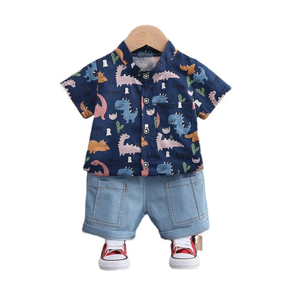 Children Clothes Spring Cartoon Baby Boy Short Sleeve Printe Dinosaur Causal Shirts Jeans 2Pcs/set Kid Fashion Toddler Tracksuit