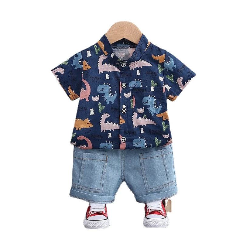 Children Clothes Spring Cartoon Baby Boy Short Sleeve Printe Dinosaur Causal Shirts Jeans 2Pcs/set Kid Fashion Toddler Tracksuit