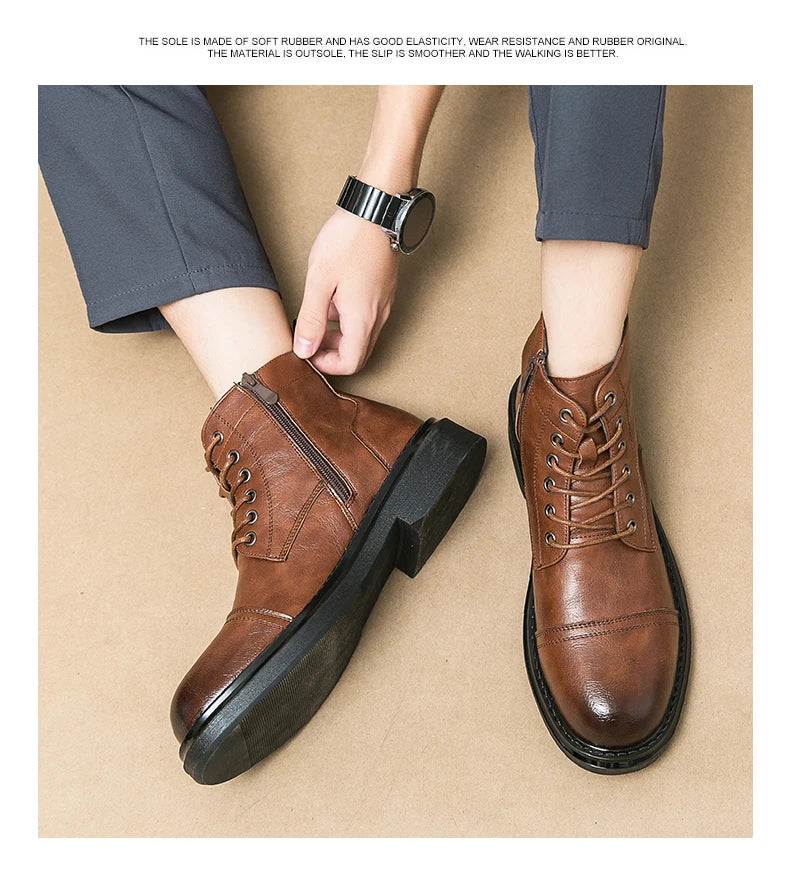 Men Black Leather Boots Casual Lace Up Leather Shoes Size 39-46
