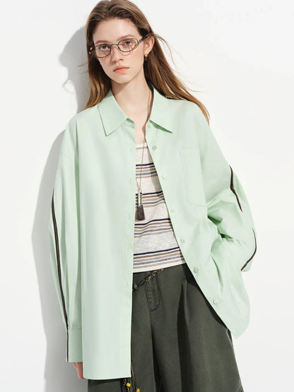 Women's French Loose Fit Cotton Shirt Long Sleeve Layering Top with Web Strap Detail Casual Oversized Blouse