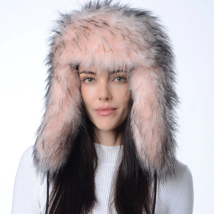 Plush Raccoon Fur Hat Women Thicken Faux Fur Earflap Hat Winter Warm Russian Ushanka Hats Windproof Furry Bomber Cap