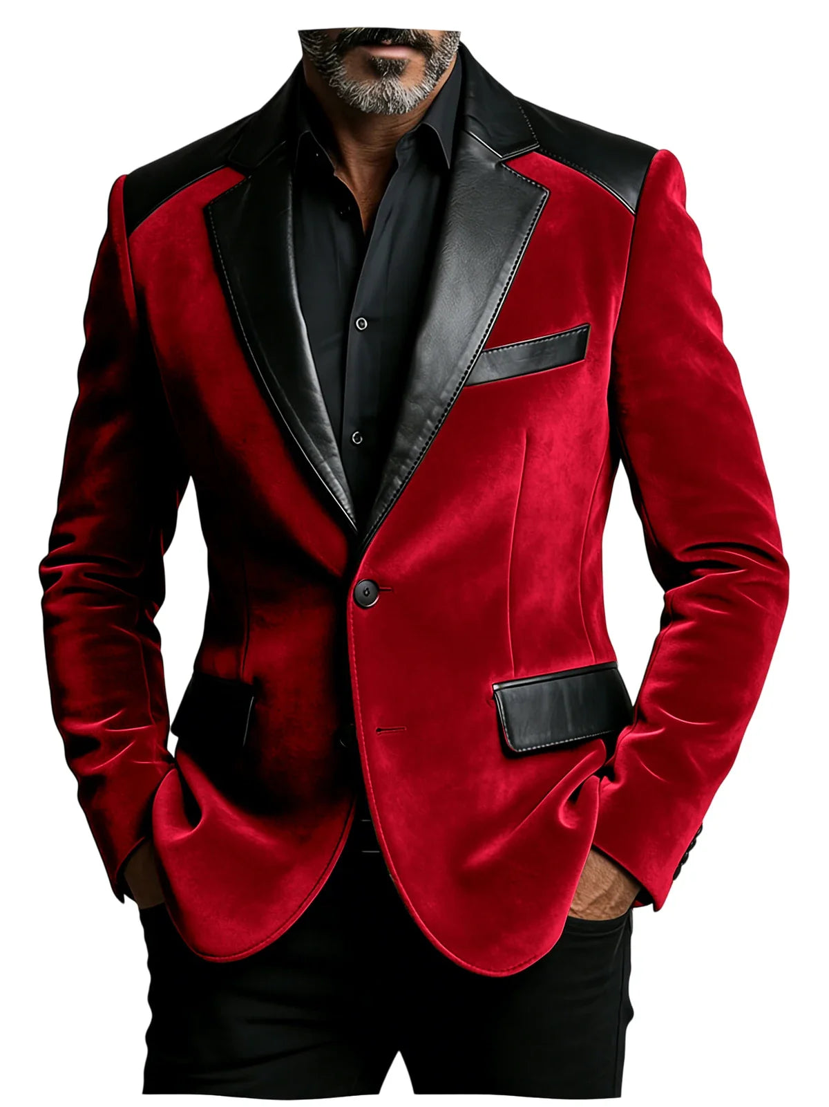 Men's Camel Velvet Blazer with Leather Patchwork Slim Fit Formal Casual Tuxedo Jacket Two-Tone Business Suit Coat