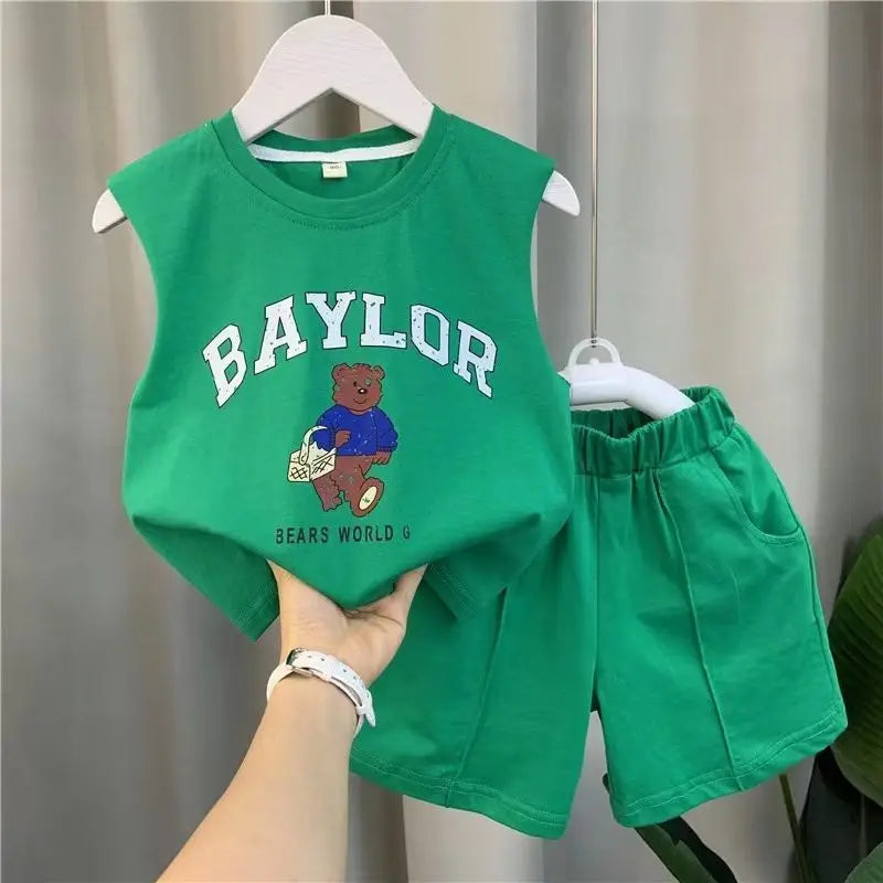 Summer Children Boys 2PCS Clothes Set Cotton Letter Bear Sleeveless Tops Tee Suit Thin Cool Sporty Shorts Kid Babys Boys Outfits