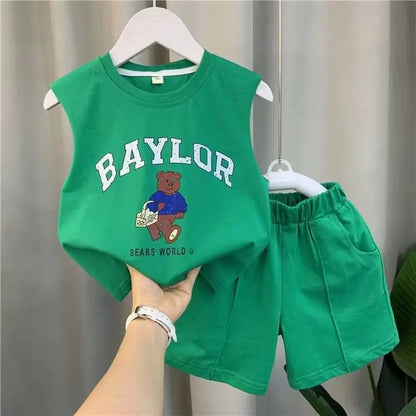 Summer Children Boys 2PCS Clothes Set Cotton Letter Bear Sleeveless Tops Tee Suit Thin Cool Sporty Shorts Kid Babys Boys Outfits