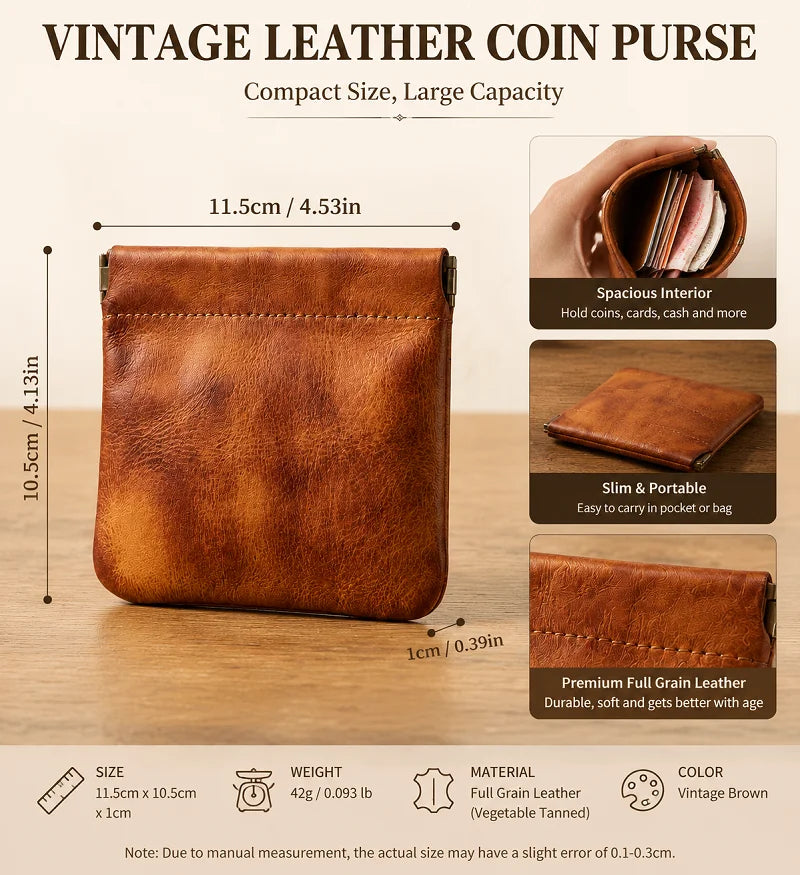 Full Grain Leather Vintage Organizer Bag Vegetable Tanned Cosmetic Pouch Magnetic Closure Coin Purse Custom Engraving