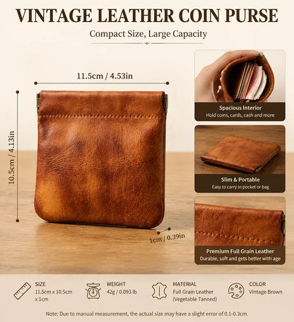 Full Grain Leather Vintage Organizer Bag Vegetable Tanned Cosmetic Pouch Magnetic Closure Coin Purse Custom Engraving