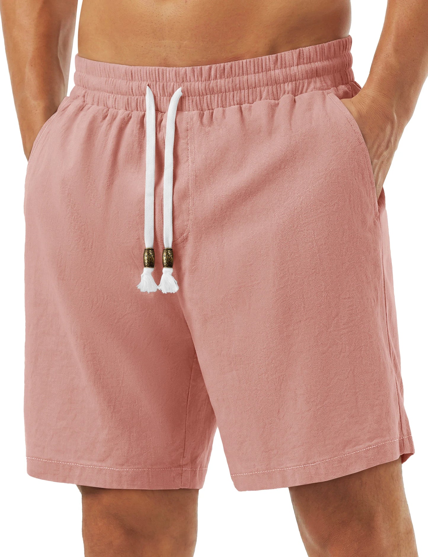 Men's Cotton Casual Shorts Loose Summer Beach Vacation Short Solid Pants with Deep Pockets Elastic Waist 7 Inch Inseam