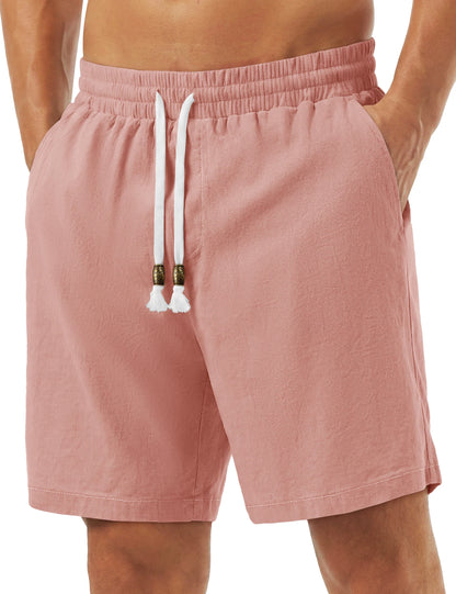 Men's Cotton Casual Shorts Loose Summer Beach Vacation Short Solid Pants with Deep Pockets Elastic Waist 7 Inch Inseam