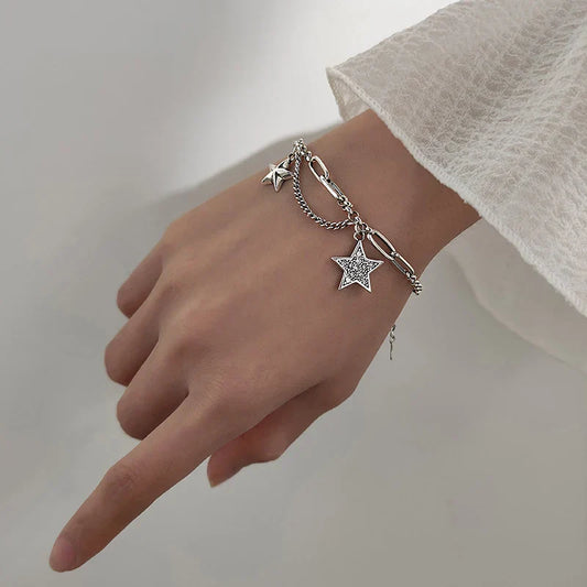 Mode 925 Argent Sterling Belles Étoiles Rétro Charme Bracelet pour Femme Style Hip Hop Bijoux Fins Design 2020