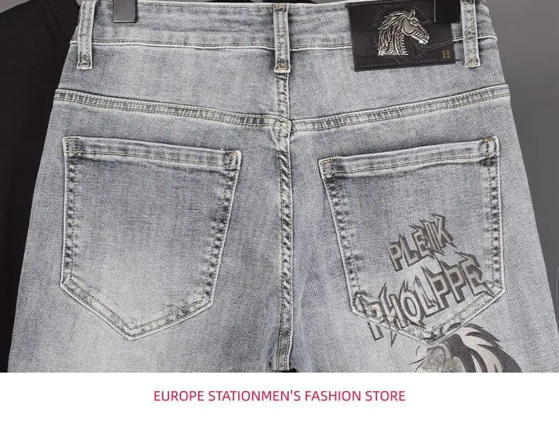 New Slim Fit Casual Jeans with Heavy Duty Ironing Drills Prints Branded Korean Style Clothes for Men Streetwear Washed Jeans