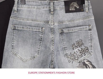 New Slim Fit Casual Jeans with Heavy Duty Ironing Drills Prints Branded Korean Style Clothes for Men Streetwear Washed Jeans