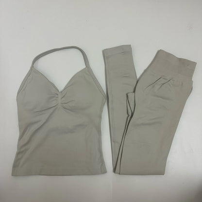 Set of 2 pieces of women's yoga mesh, sleeveless tops with open back, high-waisted gym suit, fitness clothing, yoga set