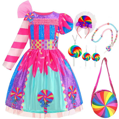 Purim Girls Rainbow Vestidos Candy Fairy Lollipop Cosplay Costume Toddler Girls Birthday Party Carnival Long Short Sleeves Dress