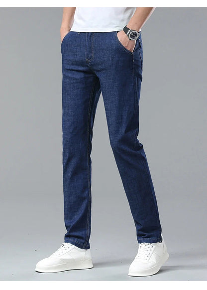 Men's Ice Silk Jeans Summer New Lyocell Thin Business Casual Denim Pants Classic All Match Slim Fit Straight Elastic Jean Male