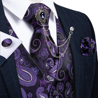 New Teal Green Paisley Formal Dress Vest Men's Suit Vest Waistcoat Tie Brooch Pocket Square Set for Tuxedo