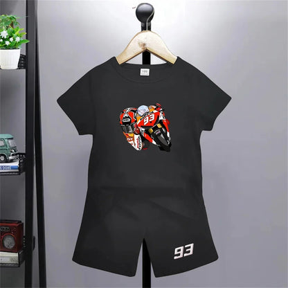 Summer Red Short Sleeve T Shirt + Shorts 2 Piece Motorcycle Race Car Number 93 Children Clothes Casual Boy Girl Kid Tracksuit