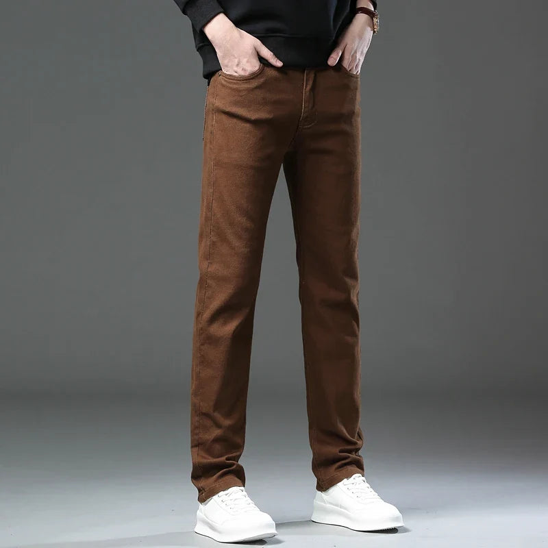 Army Green Elastic Cotton Jeans Men's Spring Fashion Slim Straight Denim Pants Comfort Large Size Korean Business Casual Trousers