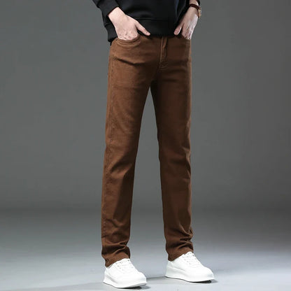 Army Green Elastic Cotton Jeans Men's Spring Fashion Slim Straight Denim Pants Comfort Large Size Korean Business Casual Trousers