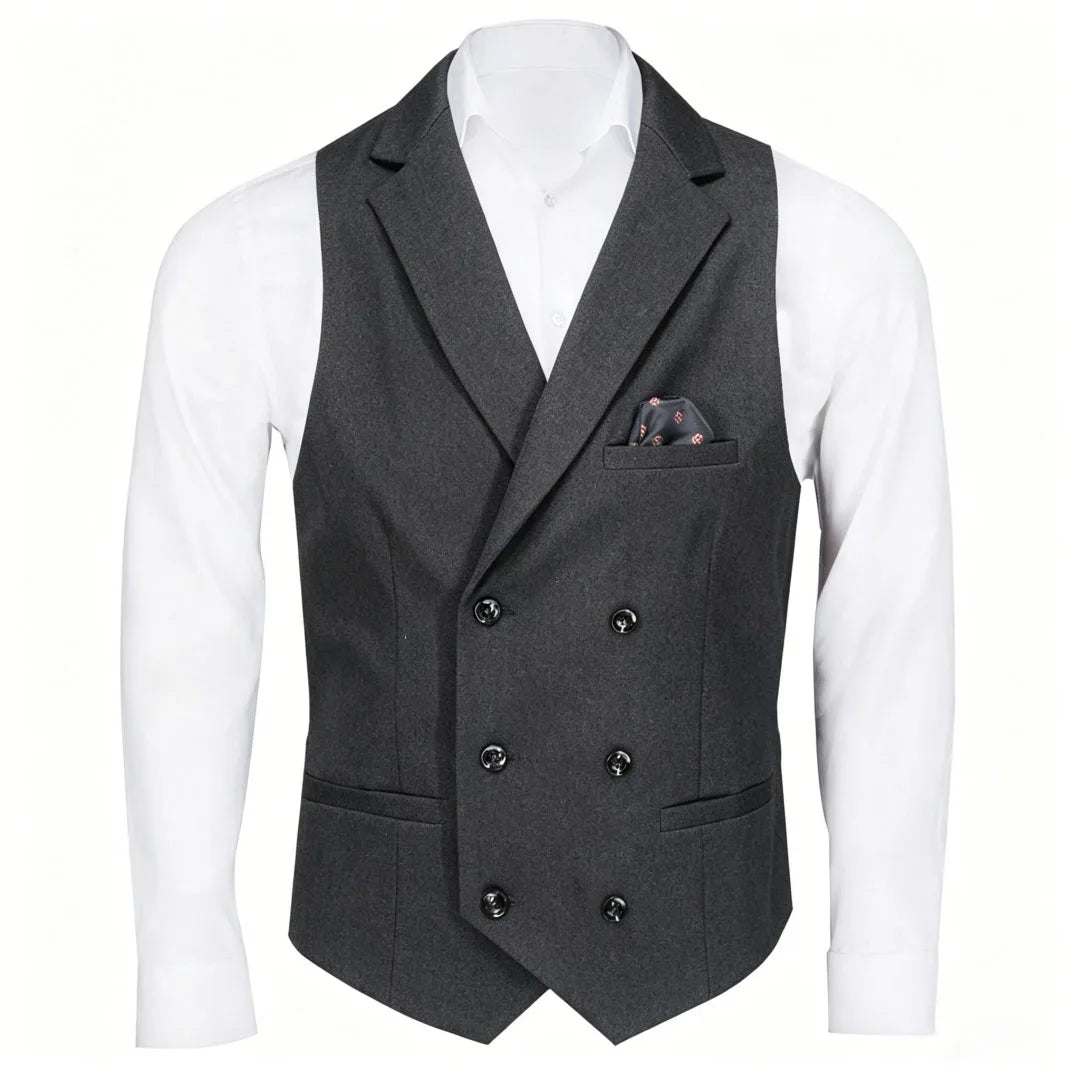 Men Vest Black Solid Double Button With Lapel Waistcoat For Business Wedding Party Banquet Prom Daily Casual Men Suit Vest