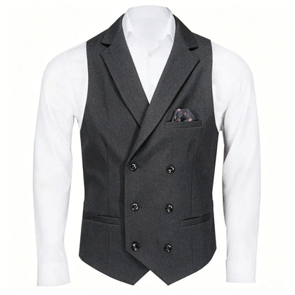 Men Vest Black Solid Double Button With Lapel Waistcoat For Business Wedding Party Banquet Prom Daily Casual Men Suit Vest