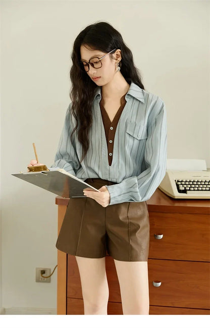 Peach Skin Velvet Stripe Shirt for Women Autumn 2025 Double Layered Collar Contrasting Color Shirt Commute Top MXE47C2408