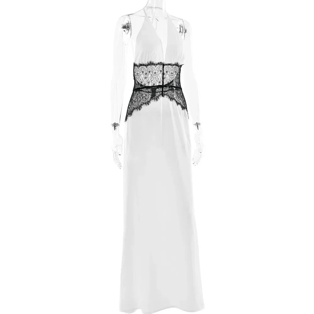 Sexy Deep V-neck Backless Lace Patchwork Satin Dresses for Women 2026 Summer Halter Sleeveless Long Maxi Party Evening Dress