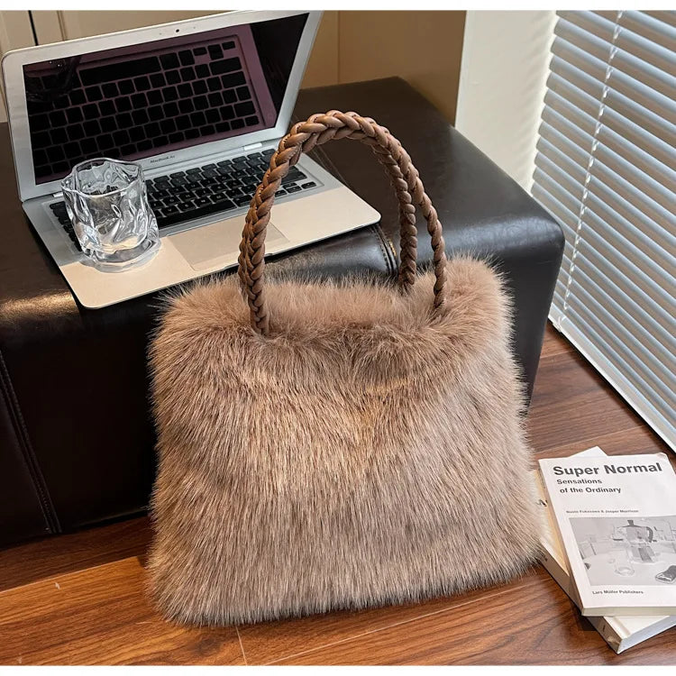 Fashion Women Furry Shoulder Bag Large Capacity Tote Handle Bag for Autumn Winter Outing Commuter Texture Versatile Storage Bags