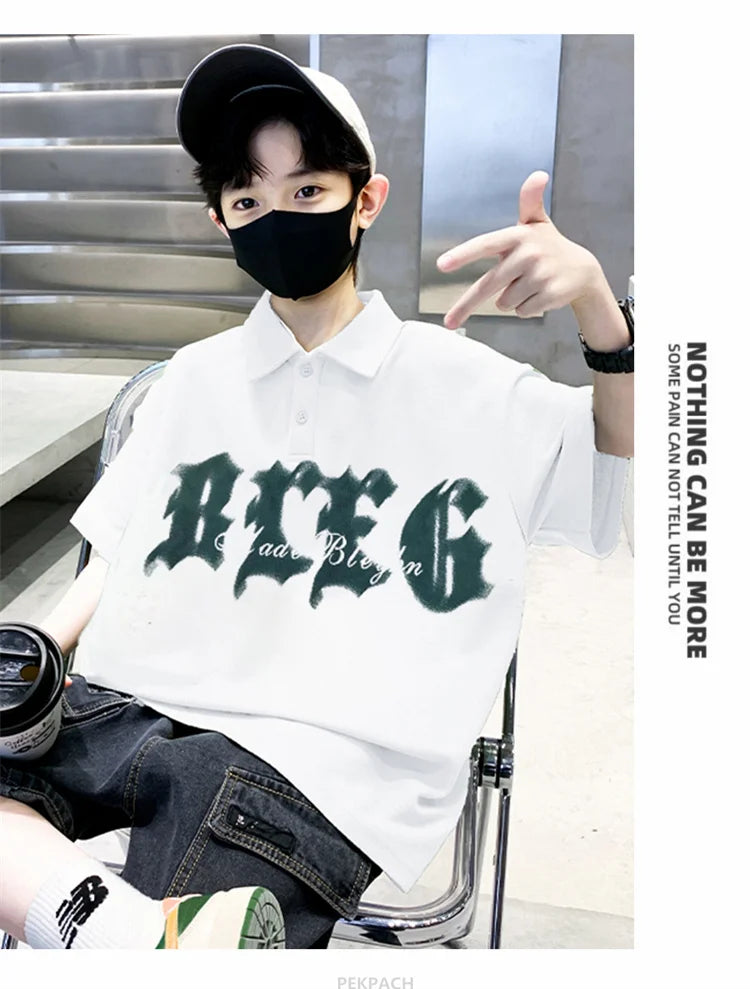 Korean Kids Boy Suit Summer Set Fashion Teenager Child Clothes Set Cotton Polo Shirt + Shorts 2pcs Outfits Tracksuit Costume