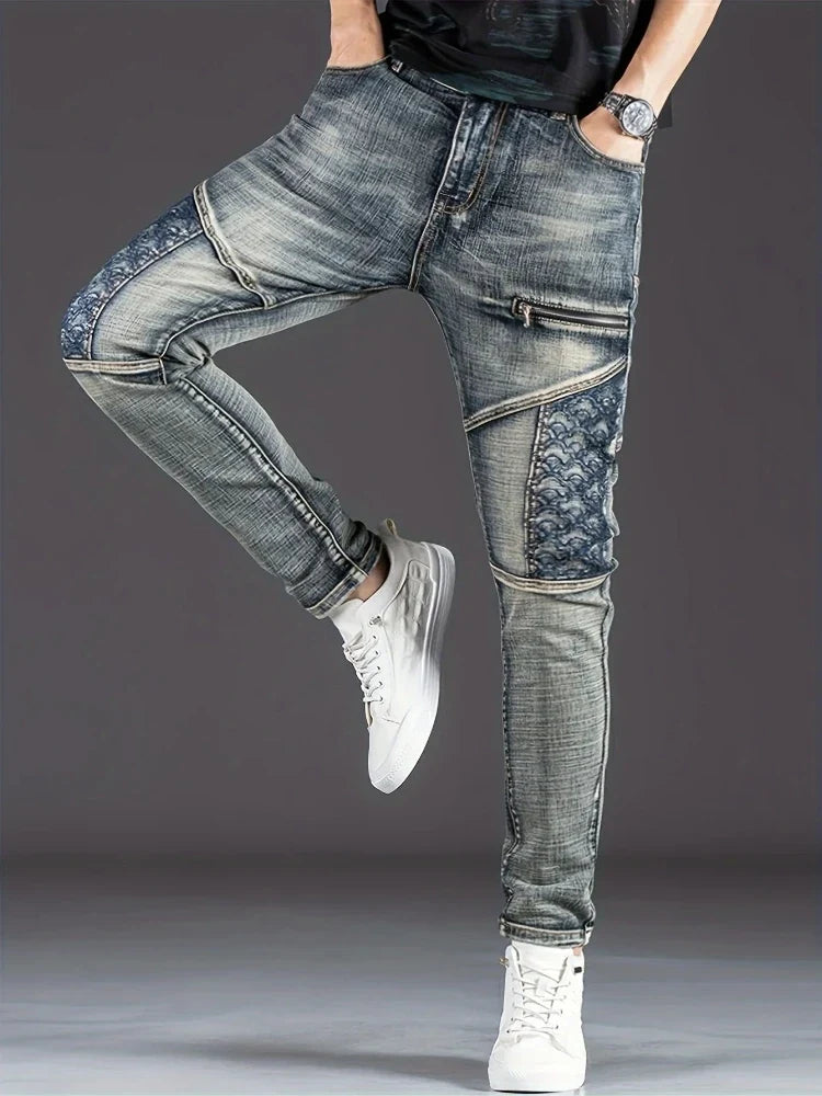 Streetwear Men's Motorcycle Jeans Stretch Nostalgic Fashion Casual Denim Trousers Slim Straight Patchwork Washed Cowboy Pants