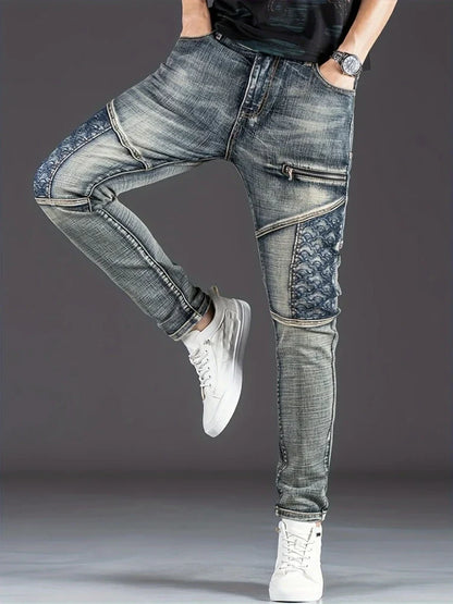Streetwear Men's Motorcycle Jeans Stretch Nostalgic Fashion Casual Denim Trousers Slim Straight Patchwork Washed Cowboy Pants