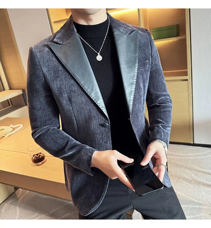 Splicing Leather Neck Fashion Suit Jacket Luxury Men's Business Slim Fit Social Formal Blazers Coats Wedding Groom Tuxedos 5XL-M