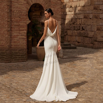 Customized Elegant Long Spaghetti Crepe Wedding Dresses Mermaid Pleated Vestido de novia Buttons Zipper Back Bridal Gowns 2026