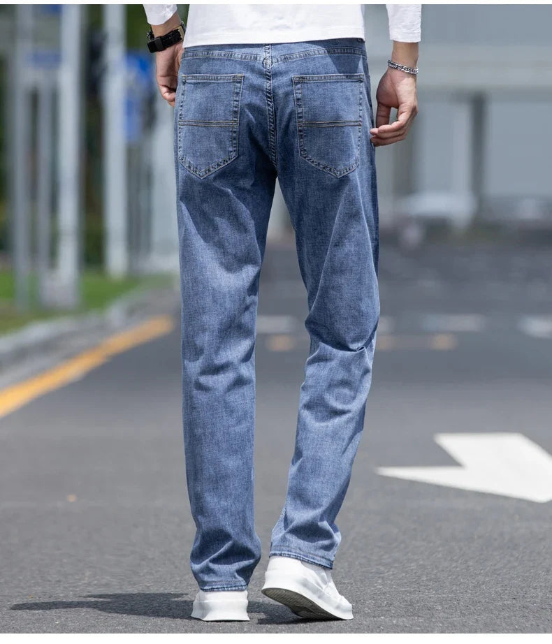 2026 New Autumn Men's Blue Straight-leg Jeans Business Casual Cotton Stretch Denim Pants Male Brand Plus Size 40 42 44