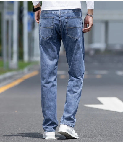 2026 New Autumn Men's Blue Straight-leg Jeans Business Casual Cotton Stretch Denim Pants Male Brand Plus Size 40 42 44