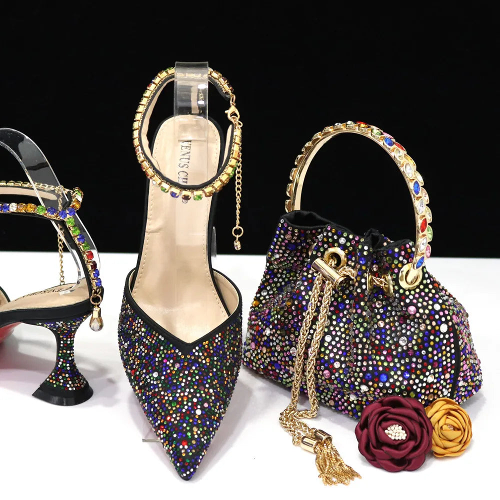2023 Italian Design Luxury Women's Shoes And Bag Set, Full Diamond Decoration Metal Closure Bag
