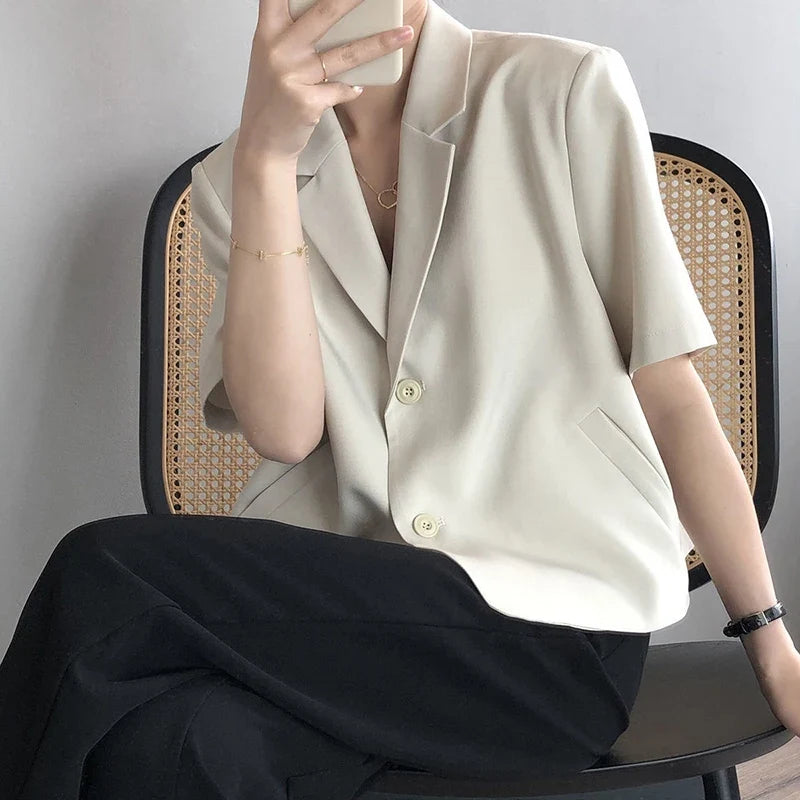 Elegant Casual Blazers Women Short Sleeve Loose S-3Xl Suit Coat Tops Korean Summer Fashion Solid Sweet Simple Blazers New