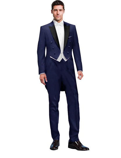 3 Piece Black Men Suit Wedding Groom Tuxedo Long Tailcoat Best Man Formal Prom Suit Fashion Costume Homme (Jacket+Vest+Pants)