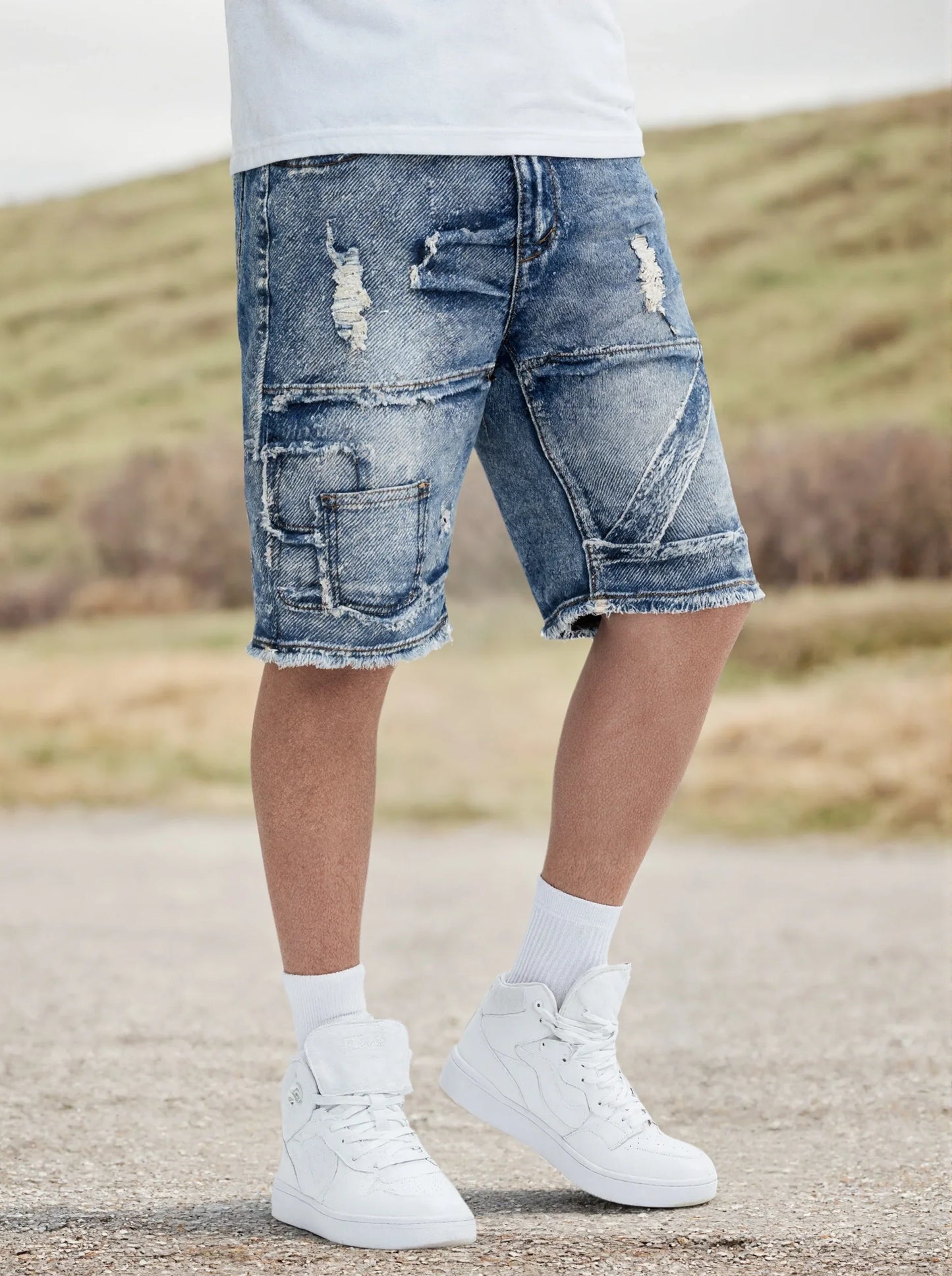 Men's Casual Spring/Summer Denim Shorts - Distressed Denim Shorts with Frayed Edges and Patchwork Details, Fashionable Street-St