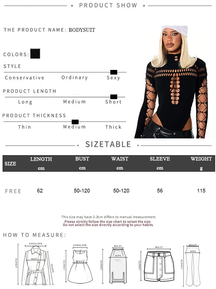 Summer Women's Y2K Sexy Bodysuit High Neck Bodycon Front Cutout & Lace-up Mesh Sleeve Stretchy Edggy Clubwear Streetwear