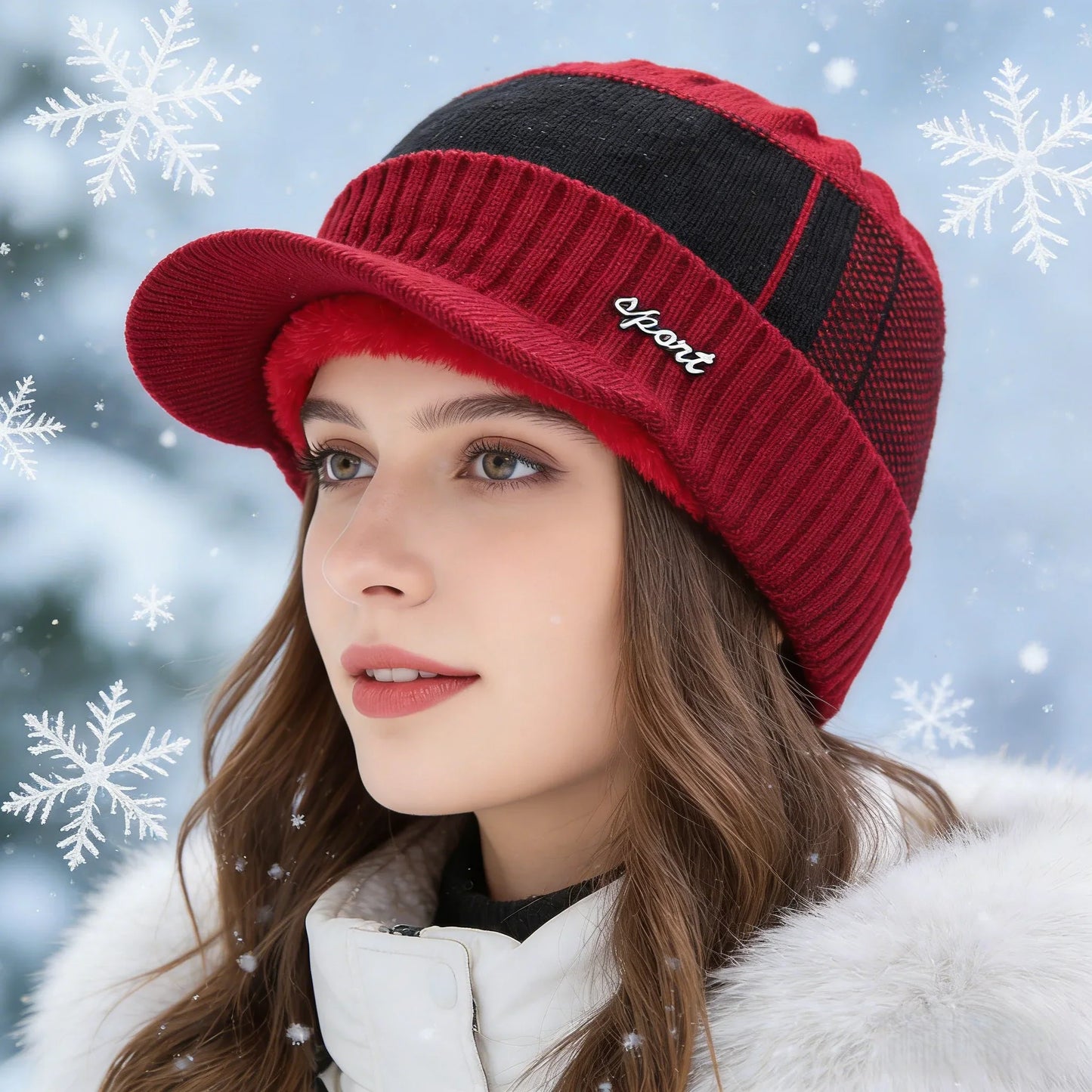 New Unisex Warm Winter Hat With Brim Add Fur Lined Beanie Hat Sports Label Thicken Winter Hats For Men Women Knitted Hat