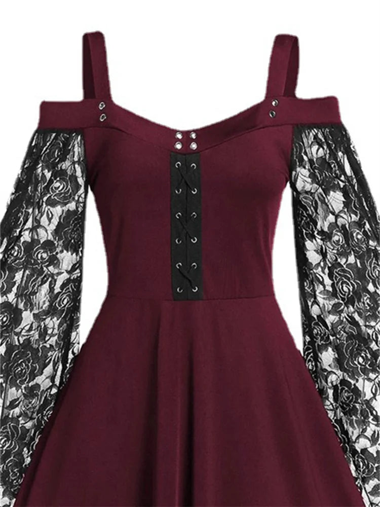 2022 New Gothic One-shoulder Lace Stitching Flared Sleeve Dress Literary Vintage Autumn Grunge Black A-line Dress Punk Partywear